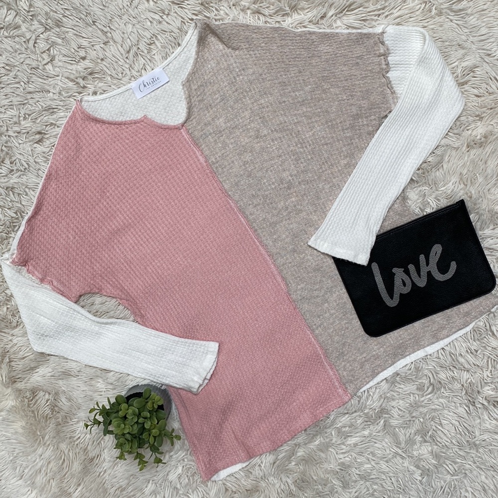 Christie Jenny Boston Waffle Notch Collar Waffle Top 💗 Pink Oatmeal & White